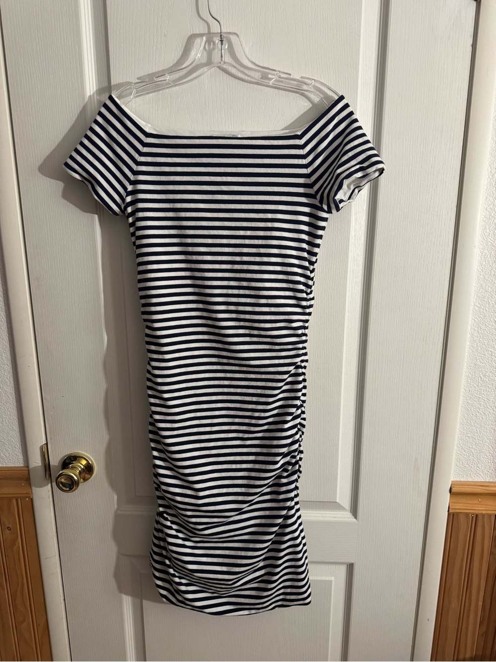 Boden Navy and White Striped Off-Shoulder Midi Dress